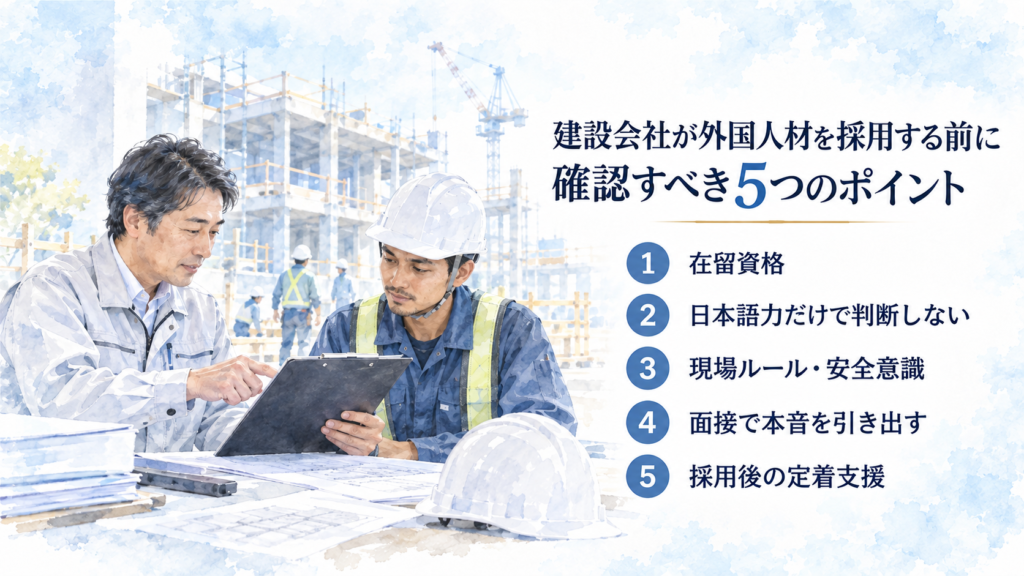建設会社が外国人材を採用する前に確認すべき5つのポイント｜在留資格、日本語力だけで判断しないこと、現場ルール・安全意識、面接で本音を引き出すこと、採用後の定