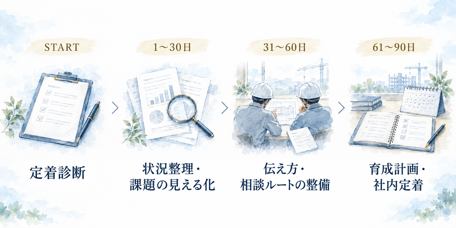 rensia90の90日間支援の流れ｜定着診断から課題整理、相談ルート整備、社内定着まで