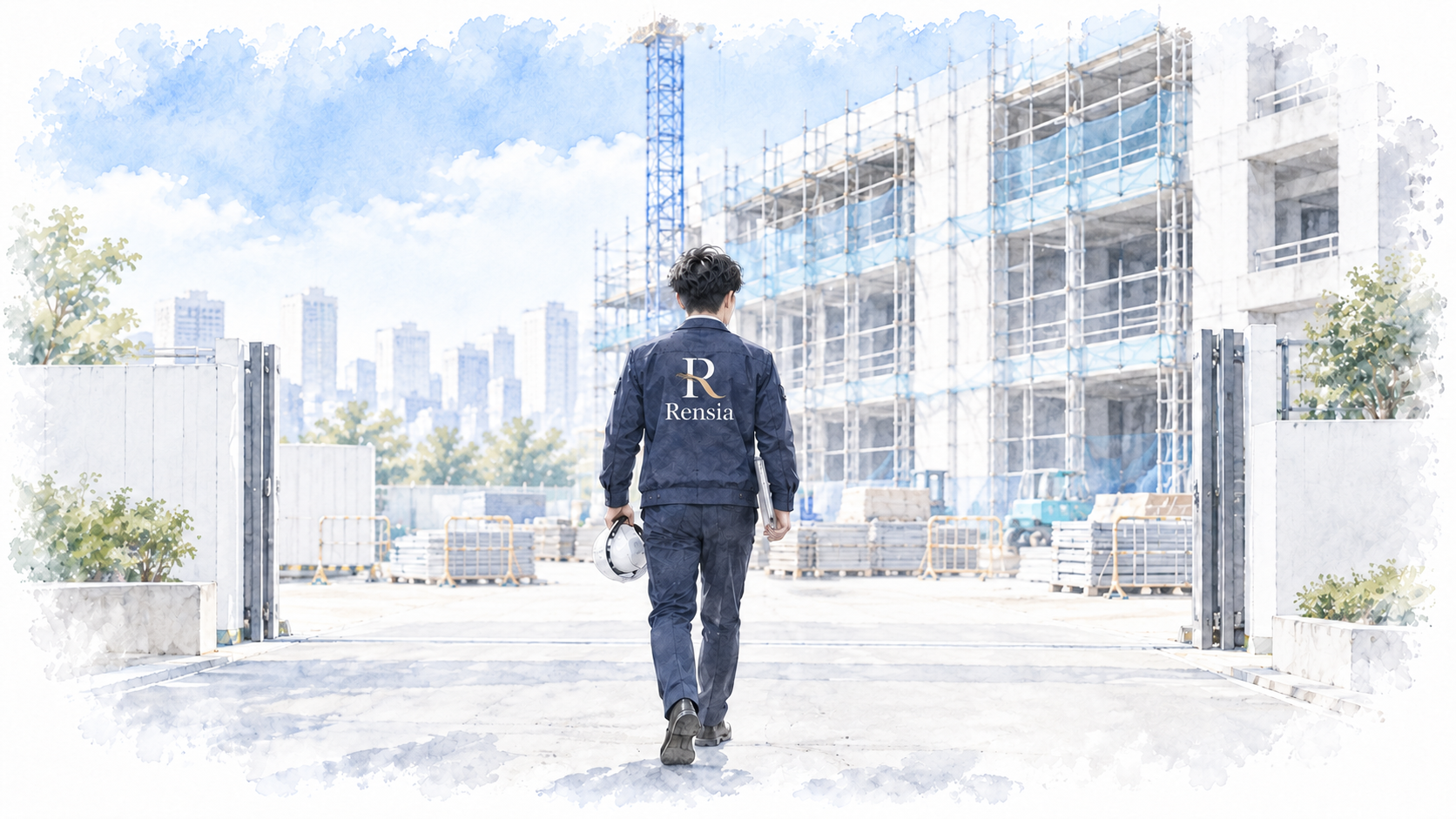 rensiaの作業服を着た担当者が建設現場へ向かう様子｜現場に寄り添う外国人材定着支援