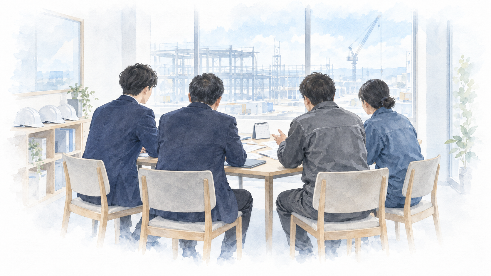 建設会社の事務所で現場担当者が打ち合わせを行う様子｜外国人材の定着支援
