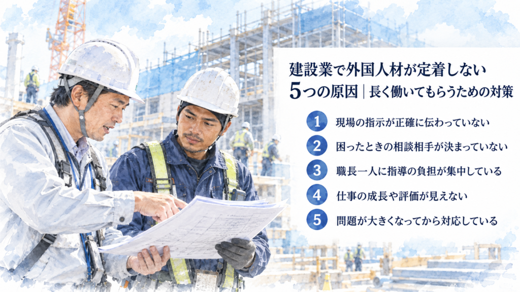 建設業で外国人材が定着しない5つの原因｜指示が正確に伝わらない、相談相手が決まっていない、職長に指導負担が集中する、成長や評価が見えない、問題が大きくなっ