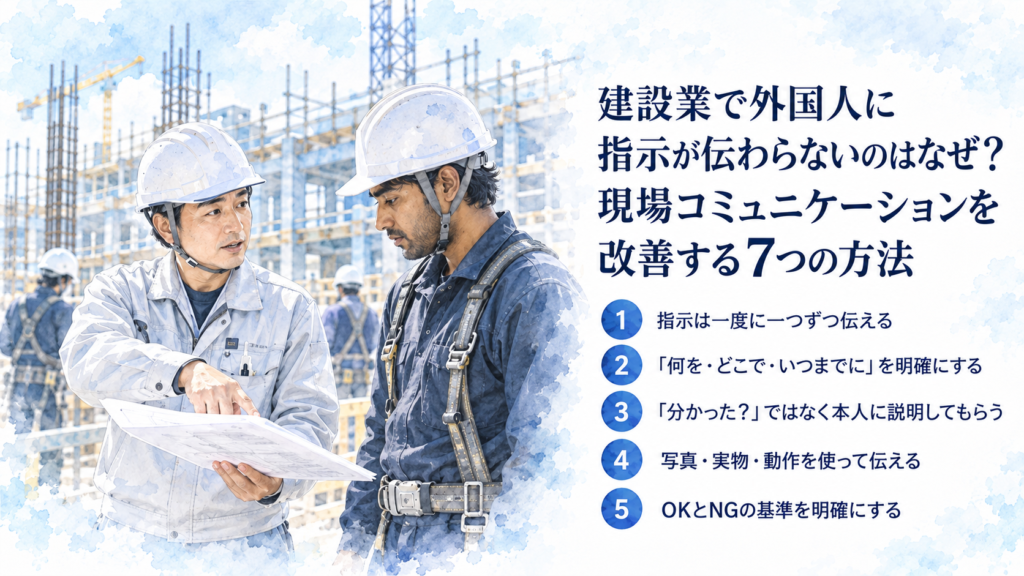 建設現場で日本人の職長と外国人作業員が図面を確認する様子と、指示を一度に一つずつ伝える、作業内容・場所・期限を明確にする、本人に説明してもらう、写真・実物・動作