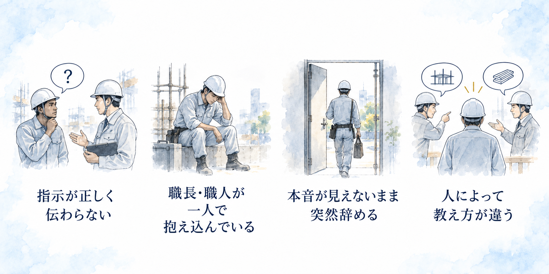 建設現場で起こりやすい外国人雇用の課題｜指示の伝わりにくさ、職長の負担、突然の離職、教え方のばらつきを示した図