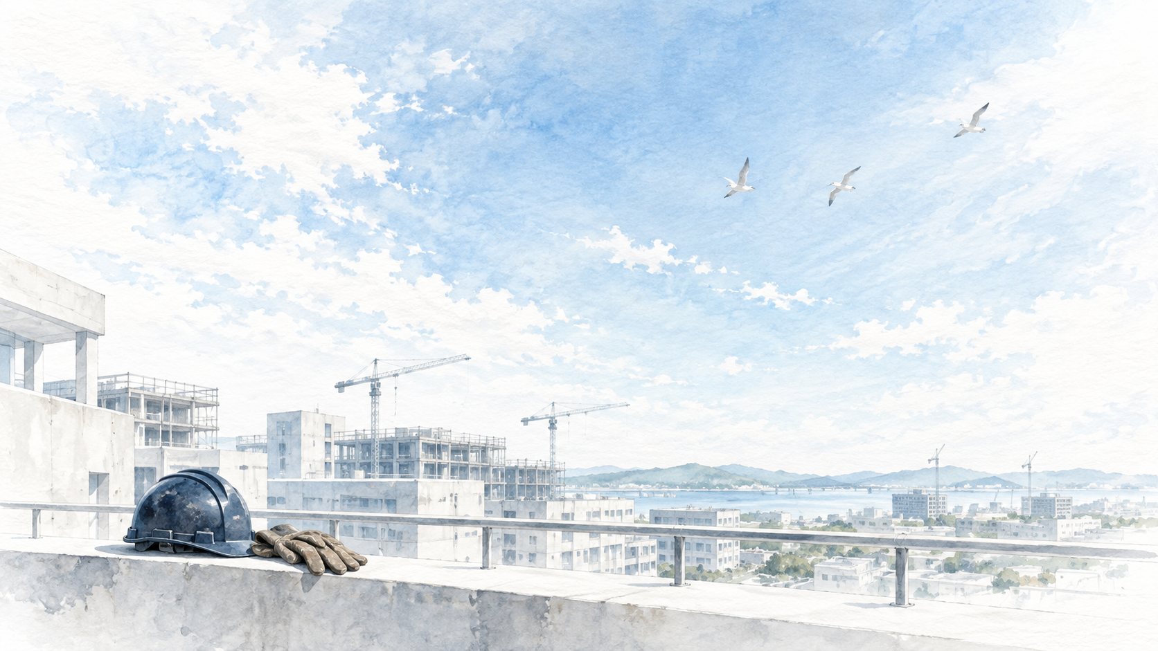 建設現場とヘルメットを描いたイメージ｜外国人雇用と現場の課題に向き合うrensia
