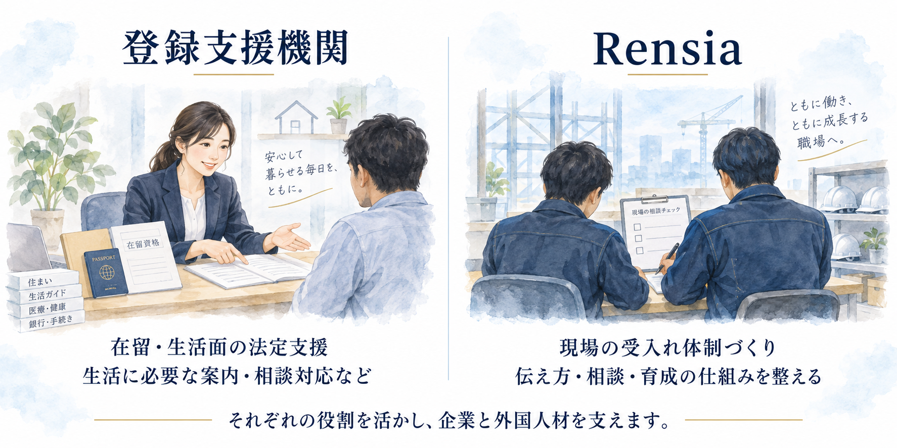 登録支援機関とrensiaの役割の違い｜在留・生活支援と建設現場の受入れ体制づくりを連携して支援