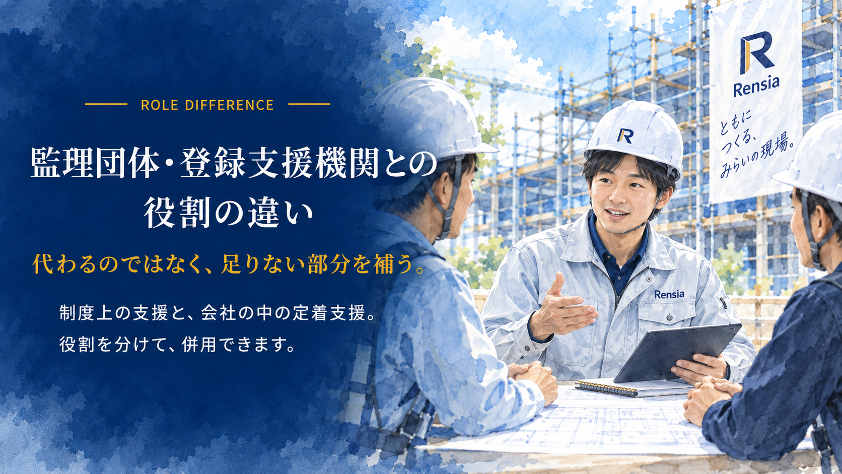 監理団体・登録支援機関とrensiaの役割の違い｜制度上の支援と建設現場の定着支援を分けて併用できることを示した図