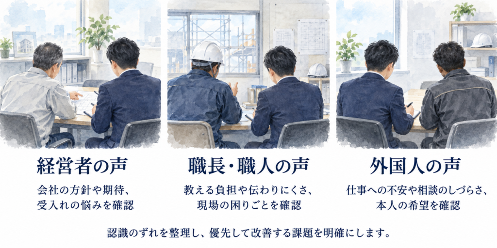 Rensiaが選ばれる理由 経営者・職長や職人・外国人材それぞれの声を聞き、定着を妨げる課題を整理するrensiaの支援